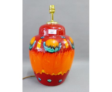 Large Poole pottery red, orange and blue glazed table lamp base, 40cm high including light fitting