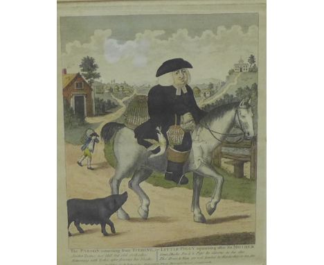 'The Parson returning from Tithing or Little Piggy squeaking after its mother'  Coloured engraved print, in a glazed frame, 2