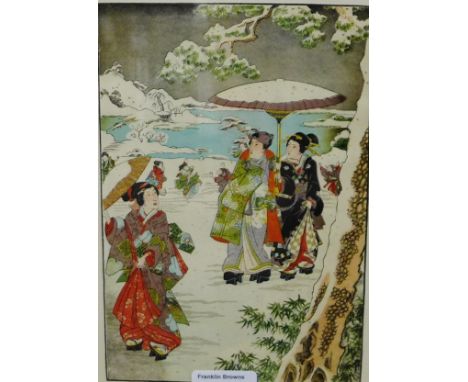 Japanese coloured print in a glazed frame, 22 x 27cm overall