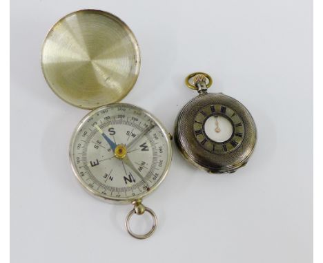 Late 19th / early 20th century silver cased half hunter style fob watch together with a pocket compass