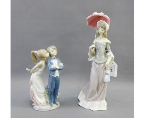 Lladro porcelain figure of a 'Girl with Parasol', together with a Lladro 'Boy and Girl' figure group, tallest 28cm, (2) 