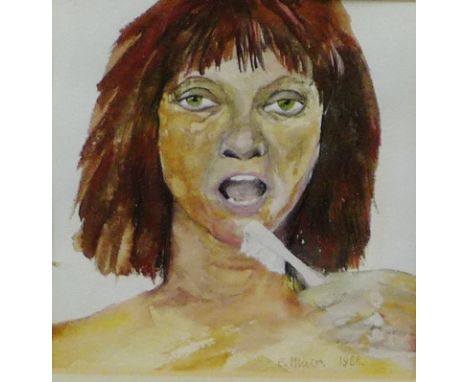 E. Muir  'Self Portrait Brushing Teeth' Watercolour, signed and dated 1988, in a glazed frame, 12 x 12cm 