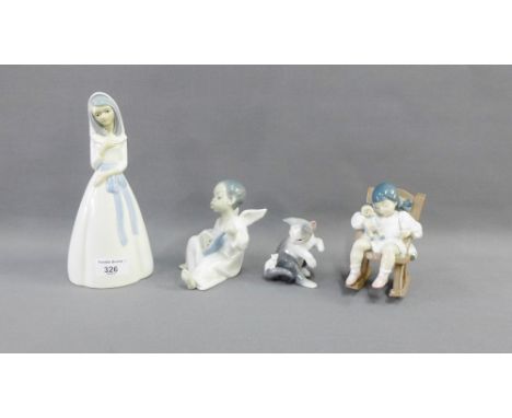Collection of two Lladro figures to include a 'Girl in Rocking Chair' and a 'Cat with a Mouse', together with two further unm