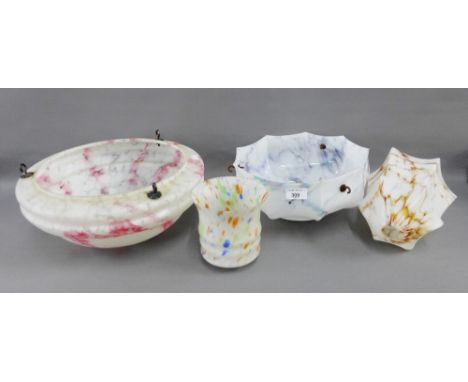 Two opaque glass ceiling lights and two smaller lamp shades, (4) 
