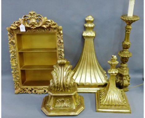 Collection of faux giltwood resin wall brackets together with a hanging shelf in Rococo style frame and a table lamp base, (5