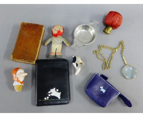 Mixed lot to include a Radley purse a Radley passport holder, magnifying glass, a shoe pin cushion, pewter quaich, 'The Odyss