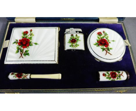 Lady's five piece silver and enamel companion set, with red rose and foliage pattern to a white ground, by Henry Clifford Dav