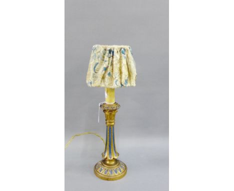 Blue painted and giltwood table lamp of small proportions with shade, 34cm high overall 