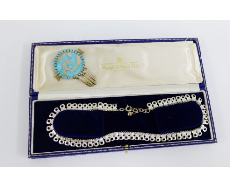 Vintage Mexican silver and blue enamel pendant  / brooch together with a silver necklace with textured panels (2) 