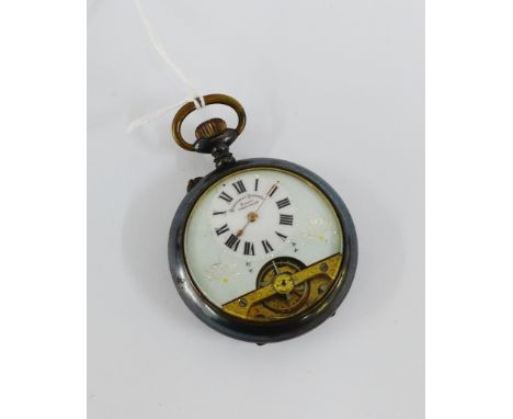 Hebdonas patent eight day pocket watch, the enamel dial with greyhounds and Roman numerals 