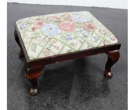 Mahogany footstool with tapestry top, 32 x 42cm