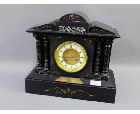 19th century black slate mantle clock, the domed architectural top over a brass dial with enameled chapter ring with Roman nu