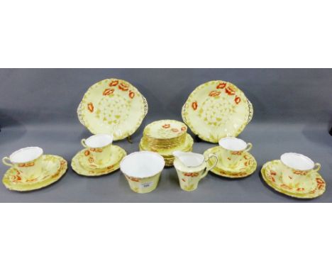 Paladin china Art Deco teaset in 'Shirley Poppies' pattern, comprising twelve cups, twelve saucers, twelve side plates, two c