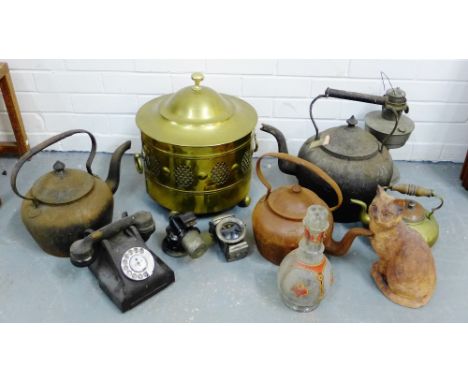 Brass coal bucket, together with a quantity of iron kettles, oil lamp, bicycle lamps and a box containing a mortar and pestle