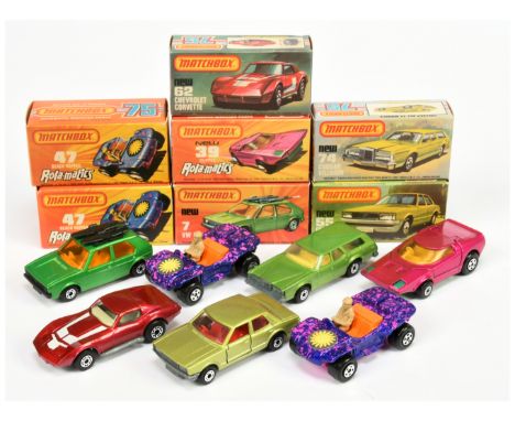 Matchbox Superfast Group Of 7 To Include - 47 beach Hopper - "Sun" Label, bare metal base, another pink base, 55 Ford Cortina