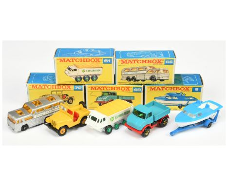 Matchbox Regular Wheels group (1) 9d Boat & Trailer  (13) 49b Mercedes Unimog -  light blue, red base, wide rear body brace (