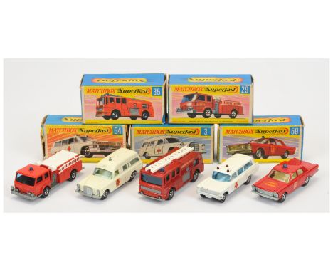 Matchbox Superfast&nbsp; Group Of 5 Emergency Vehicles&nbsp; To Include&nbsp; - 35a Merryweather fire Engine - Metallic Red, 