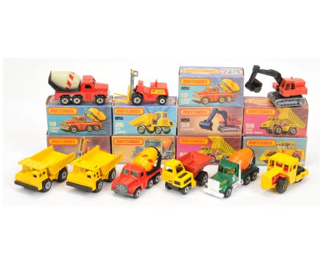 Matchbox Superfast A Group of 9 Construction Related To Include 15b Fork lift Truck - red and yellow, 19c Cement truck - Red 