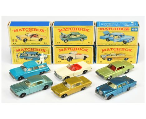 Matchbox Regular Wheels group of Cars (1) 36c Opel Diplomat - chrome engine, matt black base with tow guide; (2) 27d Mercedes