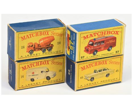Matchbox Regular Wheels Empty Boxes Group Of 4 - (1) 14c Lomas "Ambulance", (2) 26b Foden Cement Truck (3) 45a Vauxhall Victo