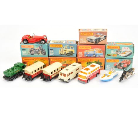 Matchbox Superfast group to include 5b Seafire Power Boat;&nbsp; 65b Airport Coach - TWA; 47d Jaguar SS - red 50c Harley Davi