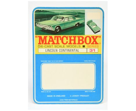 Matchbox Regular Wheels 31c Lincoln Continental un-punched printers sample blister pack backing card - Excellent Plus, some l