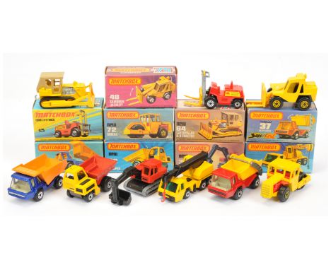 Matchbox Superfast Group Of 9 Construction Related To Include&nbsp; -15b Fork Lift Truck - red, 23b atlas Tipper truck - Blue