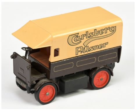 Matchbox Models of Yesteryear Y29 Walker Van - dark brown body, black England base, beige plastic tilt, red wheels, with "Car