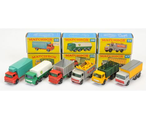 Matchbox Regular Wheels group of Commercial Vehicles to include 44c GMC Refrigerator Truck; 4d Dodge Stake Truck ;11d Mercede