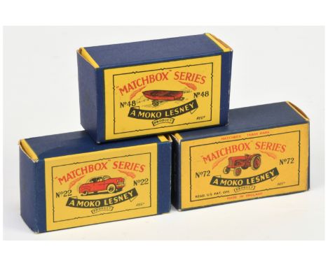 Matchbox Regular Wheels Empty Boxes Group Of 3 - (1) 22a Vauxhall Cresta", (2) 48a Boat On trailer and (3) 72a Tractor - Gene