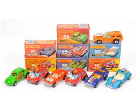 Matchbox Superfast Group Of 7 To Include - 10 Piston Popper - Blue, 2 X 14 Mini HA Ha - red, blue windows (light and dark ora