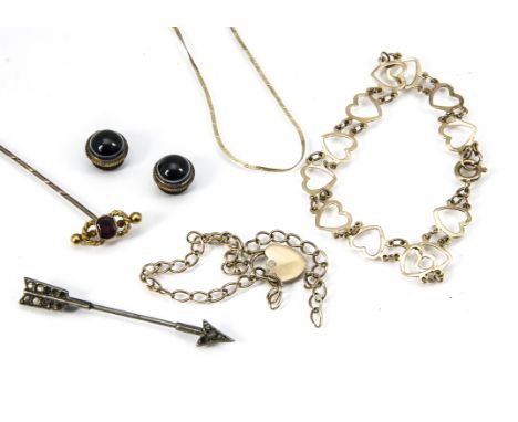 Three 9ct gold bracelets, a silver arrow paste set pin, a pair of onyx dress studs and a gold and amethyst stick pinbracelets