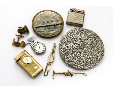 A c1960s Ingersoll nurse's fob watch, in box, together with a Poska lighter with inset watch, in box, a white metal large cir