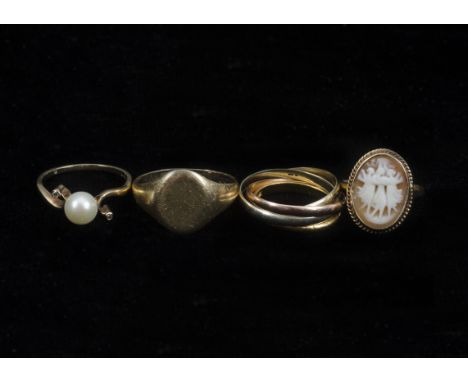 A 22ct gold wedding band, ring size L, 2.4g together with a 9ct gold Russian wedding band, a gentleman's 9ct gold signet ring