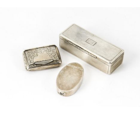 A Victorian silver snuff box by T.E, rectangular with initials EB to lid, together with a late Georgian small oval silver snu
