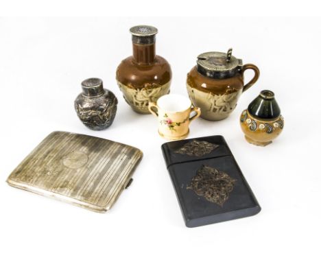 Seven Victorian and later collectable items, including an Art Deco silver cigarette case, a Japanese silver pepper or pounce 