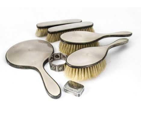 An Art Deco silver and enamel five piece dressing table set, together with a Georgian silver vinaigrette lacking its grill an