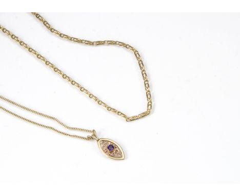 An oval 9ct gold amethyst Celtic style pendant, on a 9ct gold chain together with a 9ct gold curb link chain, total weight 12