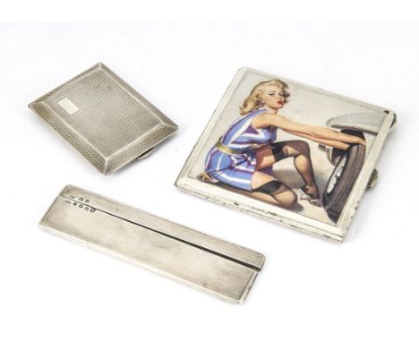 Three Art Deco silver pocket items, including a cigarette case with later print of a pretty lady in stockings fixing her car 
