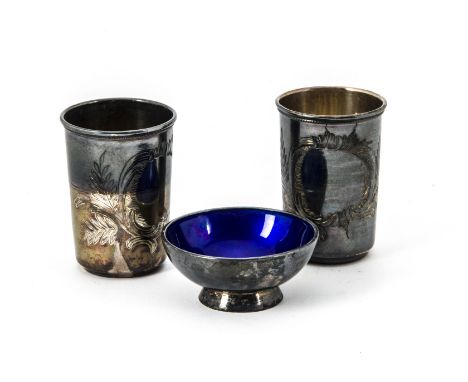 A pair of vintage Russian silver miniature beakers, together with a small Meka sterling Danish silver and enamel bowl (3) 