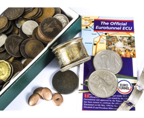 A collection of coins and other items, including a pair of damaged 9ct gold cufflinks, 4.6g, a silver napkin ring, an 1812 Ro