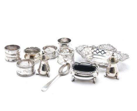 A collection of Victorian and 20th Century silver and silver plate, including a silver bon bon dish, four cruet items, napkin