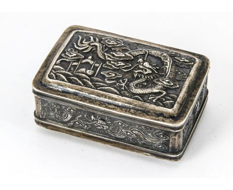 A late 19th Century Chinese silver table snuff box by Tieu Shing, rectangular, having raised design of dragon to top and side