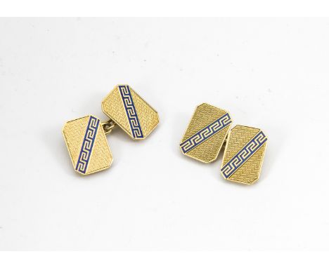 A pair of art deco 18ct gold and enamel chain link cufflinks, the rectangular fronts with canted corners, stylised blue ename