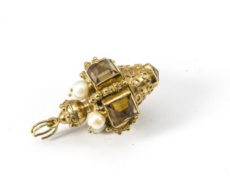 A continental yellow metal and cultured pearl citrine mounted fob pendant, the crown like top supporting a tear shaped pendan