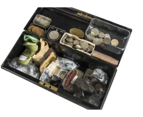 A collection of British coins, presented in a black painted tin trunk, predominantly 20th Century (parcel) 