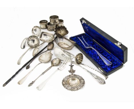 A collection of Dutch and continental silver and white metal serving and other items, including a cased fork, Art Nouveau ser
