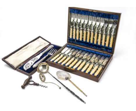 A Victorian fish eaters set, in mahogany fitted box with carved ivory handles and silver plated blades and forks, together wi