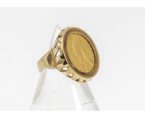 A Victorian half sovereign, 9ct gold mounted ring, the Jubilee head and ansell back on 9ct gold mount and shank, ring size K,