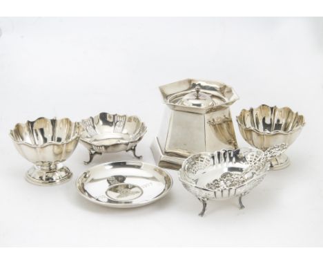 A group of Edwardian and later silver, including an Art Deco inkwell, dented, pair of small footed bowls, 1977 Royal Artiller